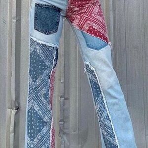 REVICE Red and Blue Flare Patchwork Jeans